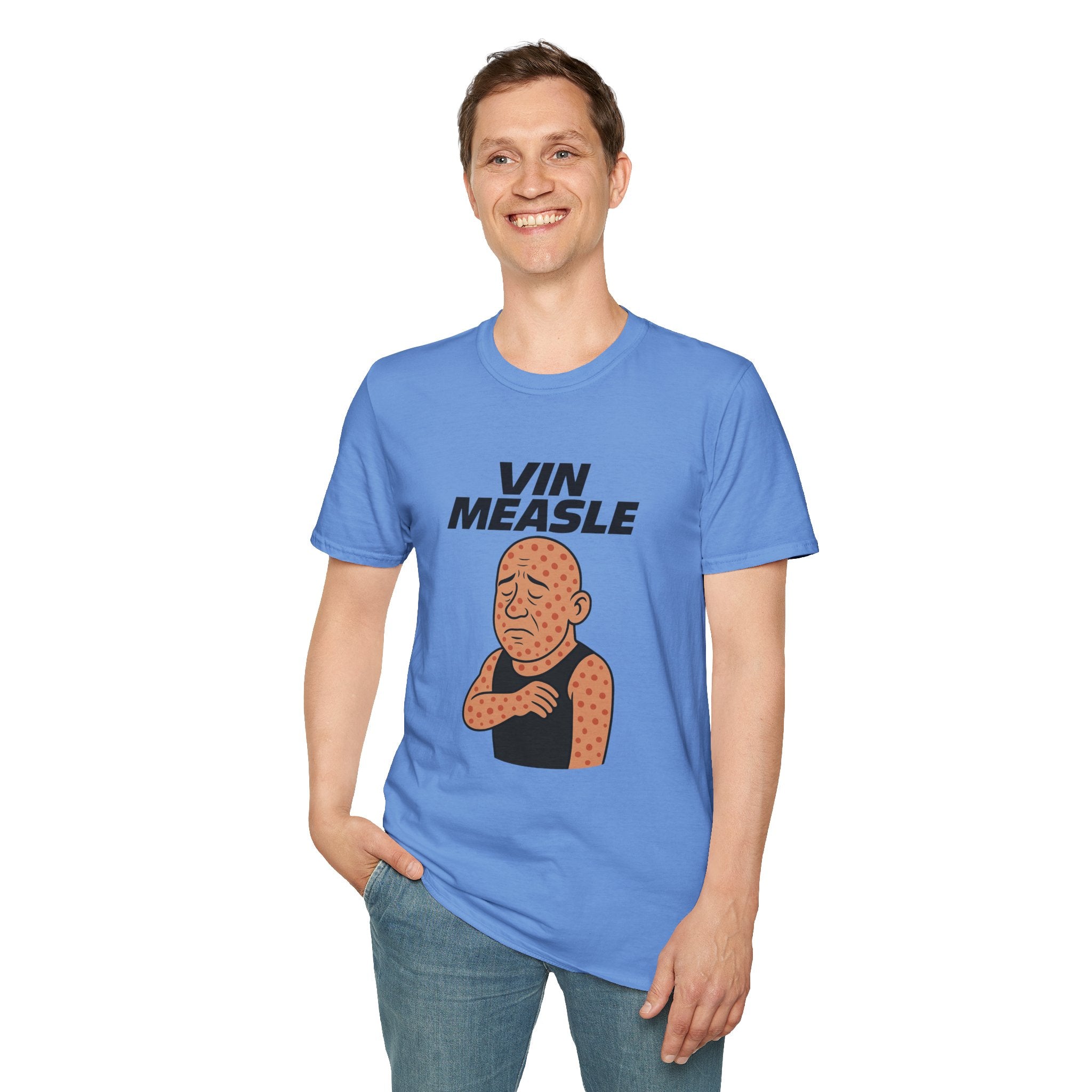Vin Measle Parody Unisex Softstyle T-Shirt, Actor Measles Wordplay Tee, Humorous Graphic Tee Shirt, Comedy Movie Fan Gift, Lightweight