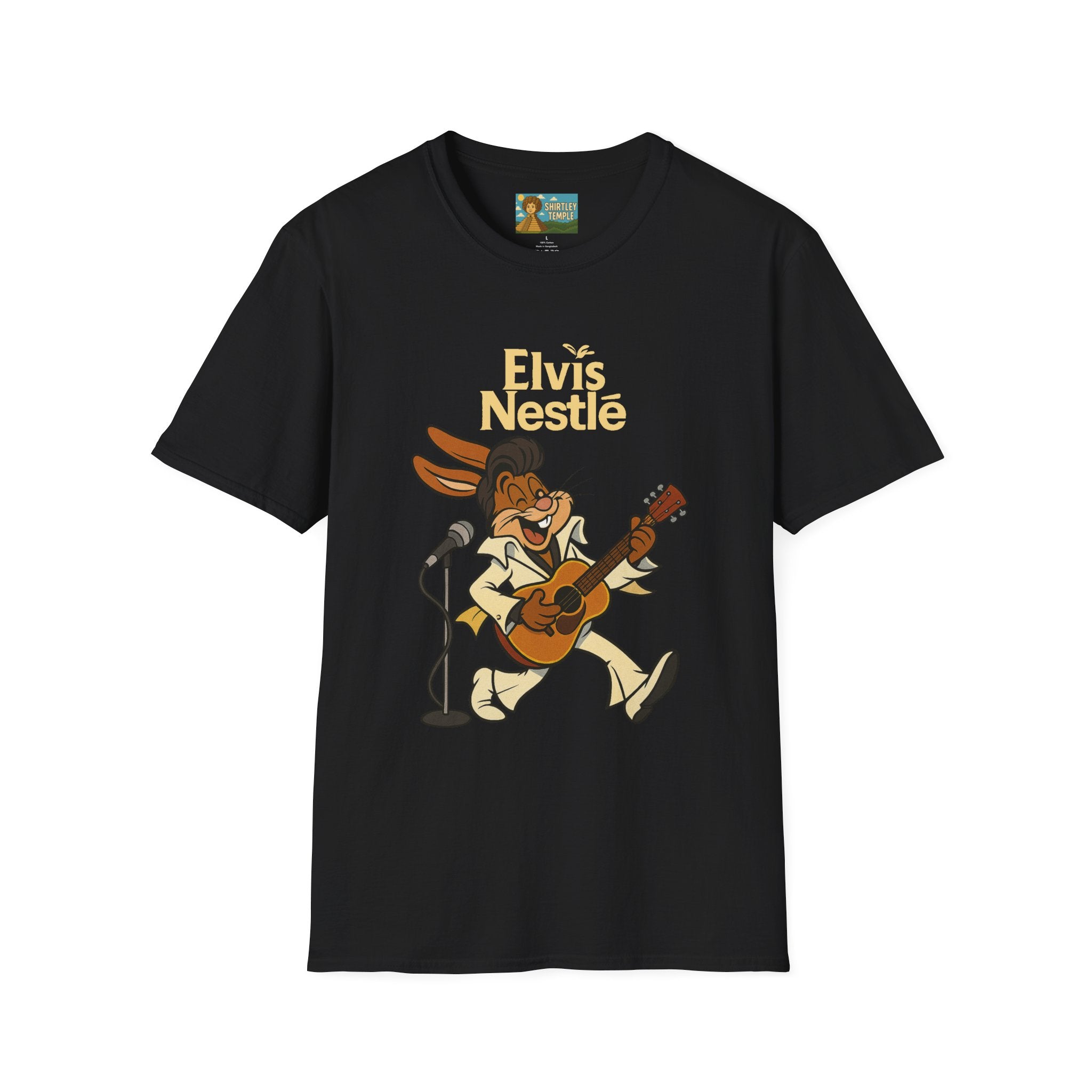 Elvis Nestle Mashup T-Shirt, Rock and Roll Rabbit Funny Tribute Tee, Musician Food Mascot Parody Shirt