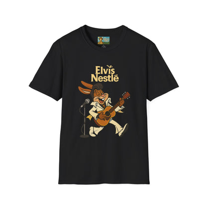 Elvis Nestle Mashup T-Shirt, Rock and Roll Rabbit Funny Tribute Tee, Musician Food Mascot Parody Shirt