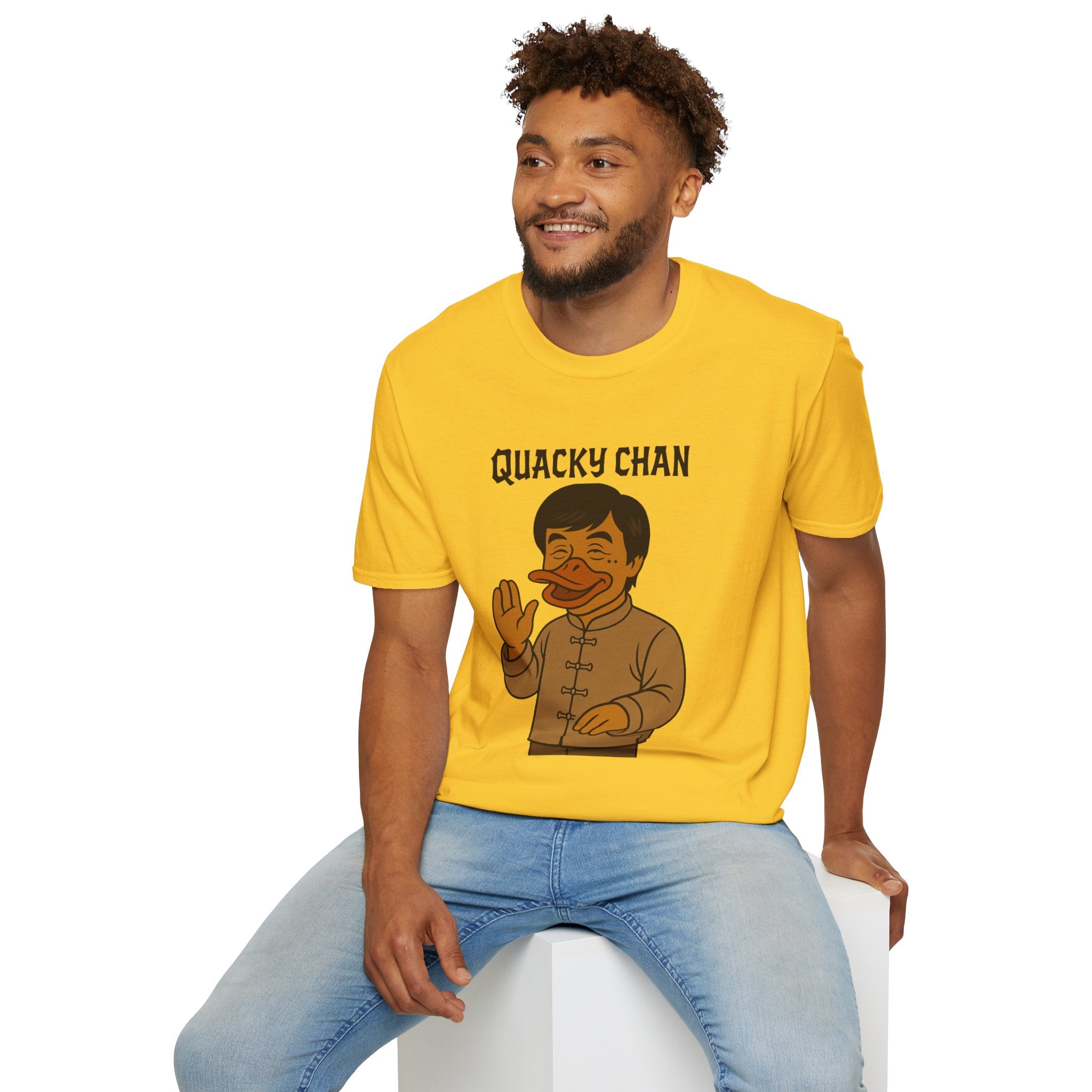 Quacky Chan Funny T-Shirt, Jackie Chan Duck Mashup Tee, Martial Arts Quack Movie Star Shirt, Comedy Parody Apparel, Unisex Softstyle Top