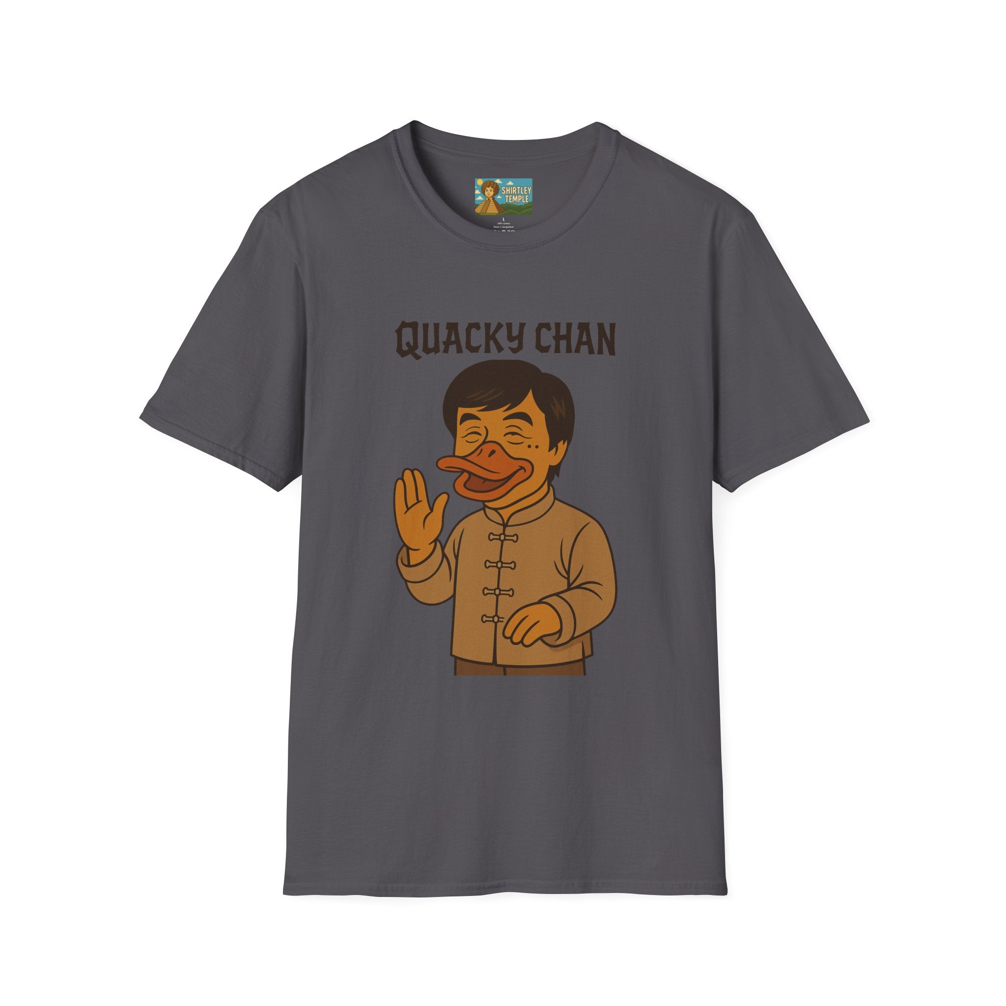 Quacky Chan Funny T-Shirt, Jackie Chan Duck Mashup Tee, Martial Arts Quack Movie Star Shirt, Comedy Parody Apparel, Unisex Softstyle Top
