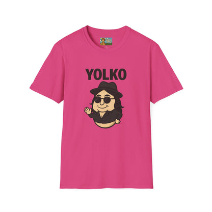 Yolko Funny Parody Unisex Softstyle T-Shirt, Egg Wordplay Tee, Humorous Yoko Tribute Shirt, Novelty Graphic Top, Comical Musician Fan Gift