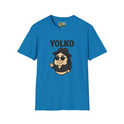 Yolko Funny Parody Unisex Softstyle T-Shirt, Egg Wordplay Tee, Humorous Yoko Tribute Shirt, Novelty Graphic Top, Comical Musician Fan Gift