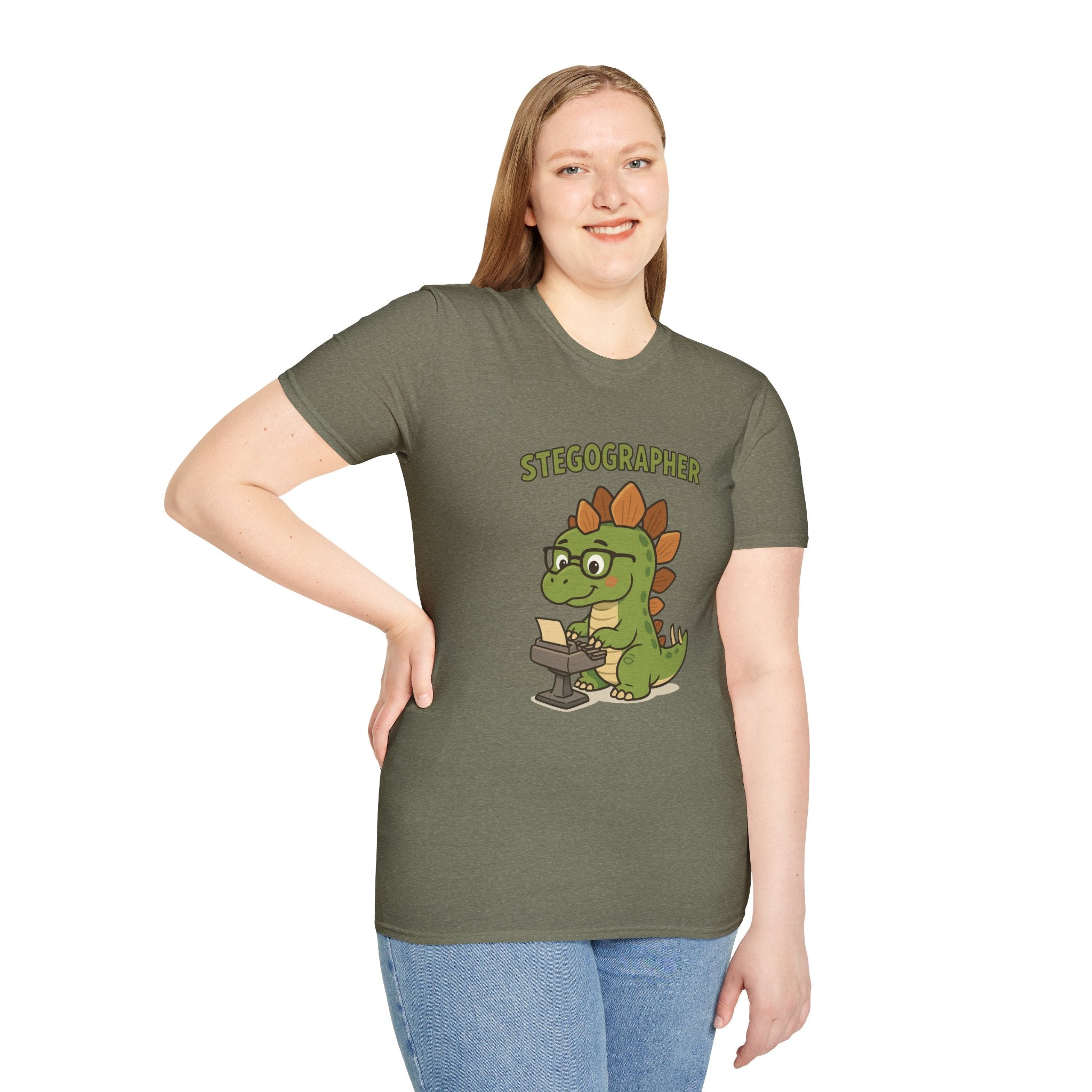 Stegographer Funny Stegosaurus Stenographer Mashup Softstyle Tee, Dino Wordplay Shirt, Unisex Tshirt Gift, Office tee for Dinosaur