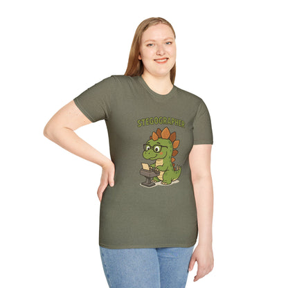 Stegographer Funny Stegosaurus Stenographer Mashup Softstyle Tee, Dino Wordplay Shirt, Unisex Tshirt Gift, Office tee for Dinosaur