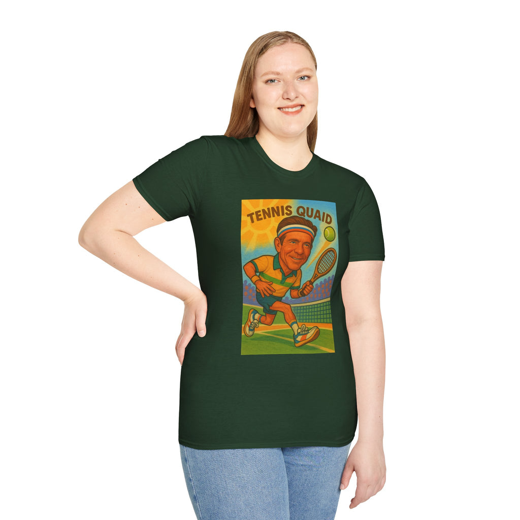 Tennis Quaid Unisex Softstyle T-Shirt, Tennis Player Actor Mashup Tee, Funny Graphic Shirt