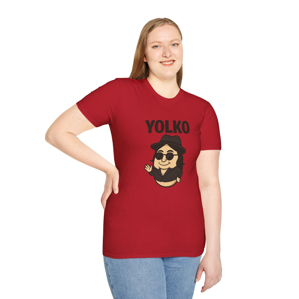 Yolko Funny Parody Unisex Softstyle T-Shirt, Egg Wordplay Tee, Humorous Yoko Tribute Shirt, Novelty Graphic Top, Comical Musician Fan Gift