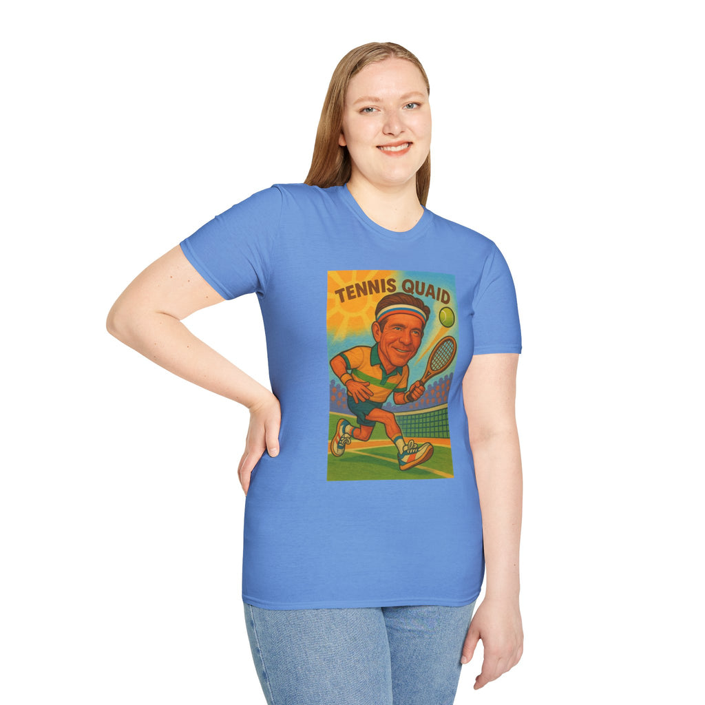 Tennis Quaid Unisex Softstyle T-Shirt, Tennis Player Actor Mashup Tee, Funny Graphic Shirt