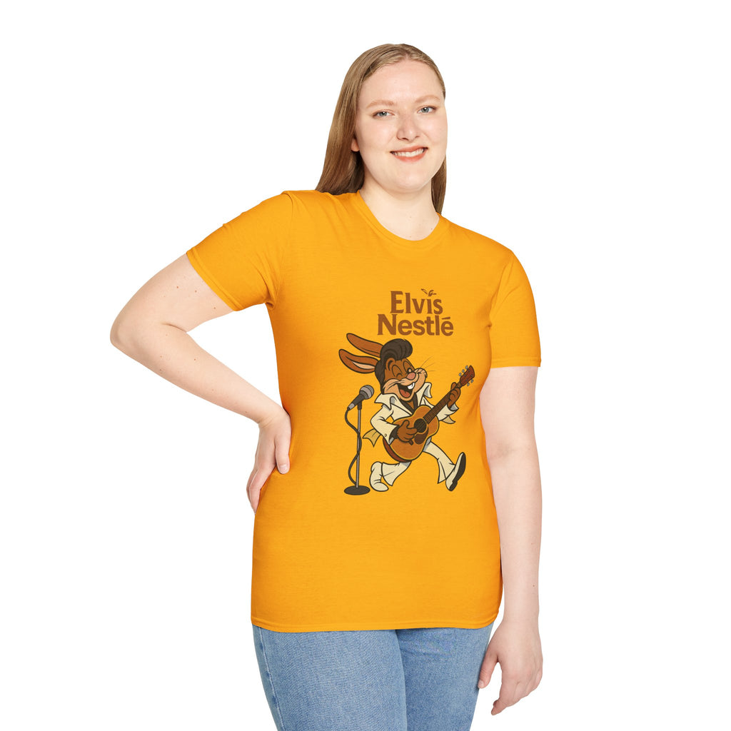 Elvis Nestle Mashup T-Shirt, Rock and Roll Rabbit Funny Tribute Tee, Musician Food Mascot Parody Shirt