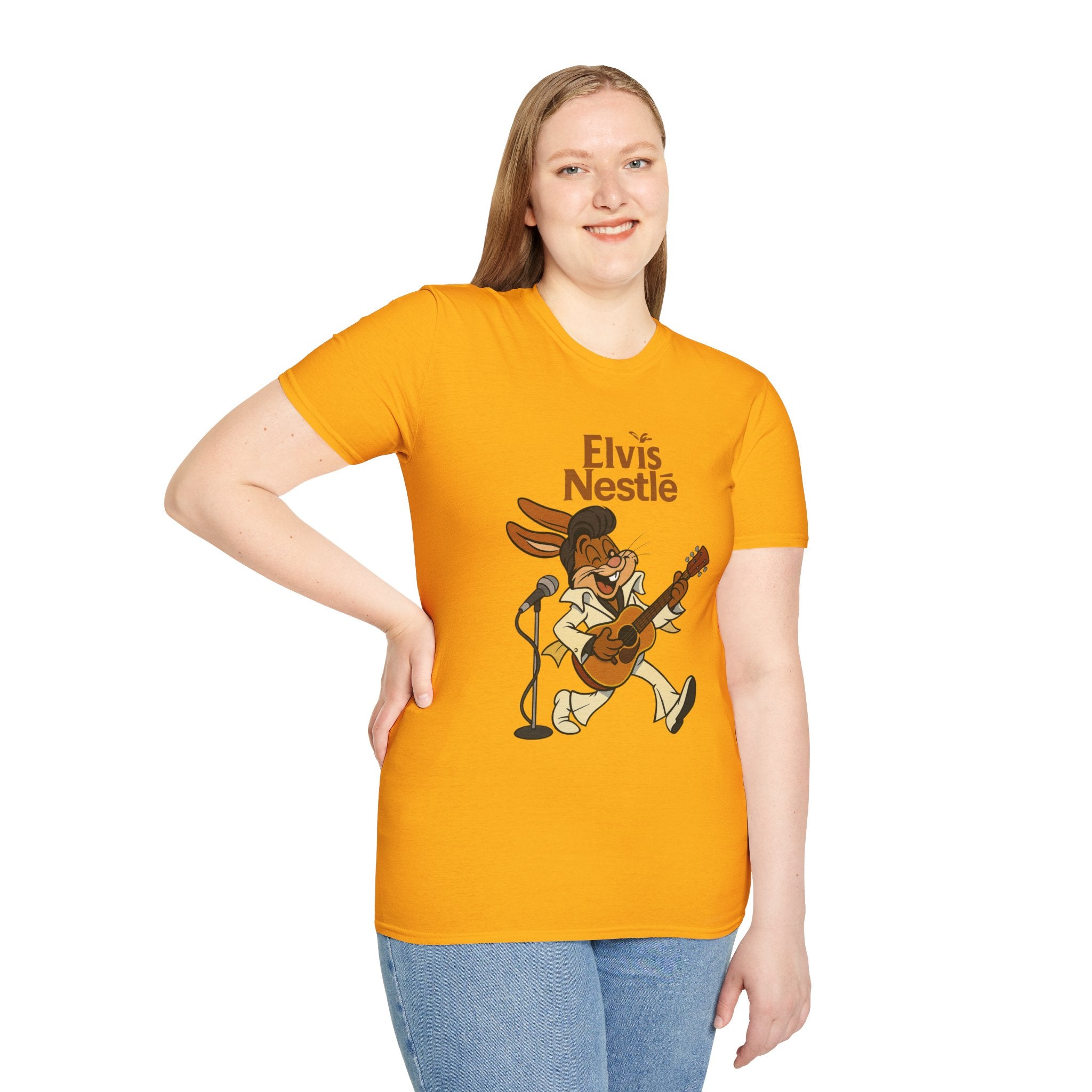 Elvis Nestle Mashup T-Shirt, Rock and Roll Rabbit Funny Tribute Tee, Musician Food Mascot Parody Shirt
