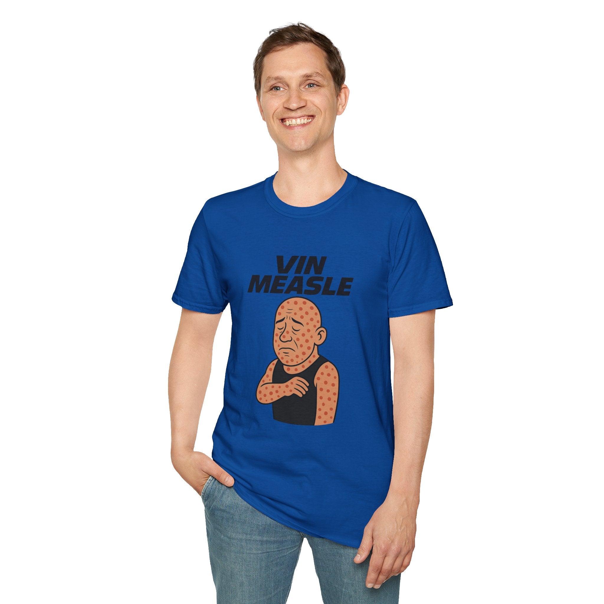 Vin Measle Parody Unisex Softstyle T-Shirt, Actor Measles Wordplay Tee, Humorous Graphic Tee Shirt, Comedy Movie Fan Gift, Lightweight