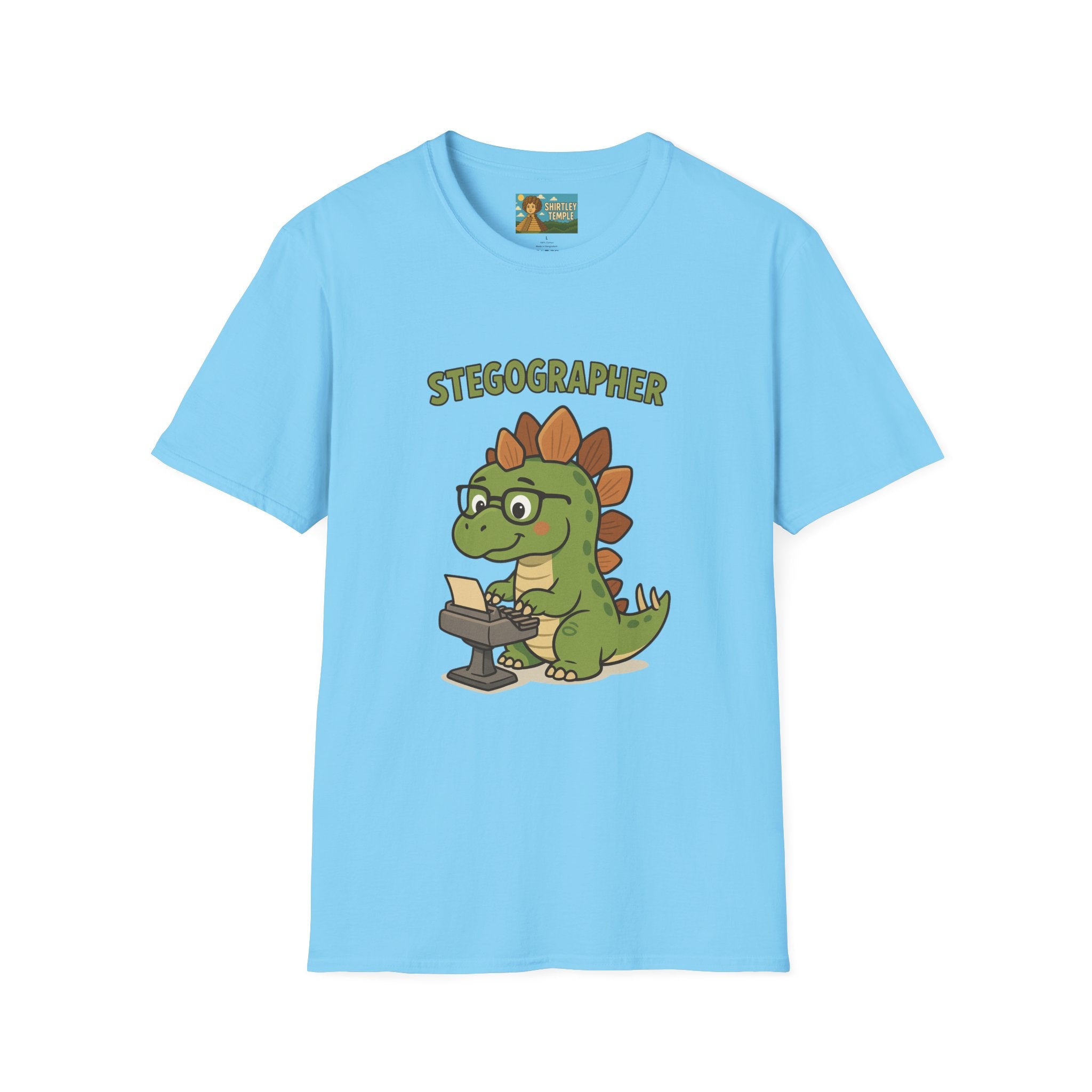 Stegographer Funny Stegosaurus Stenographer Mashup Softstyle Tee, Dino Wordplay Shirt, Unisex Tshirt Gift, Office tee for Dinosaur