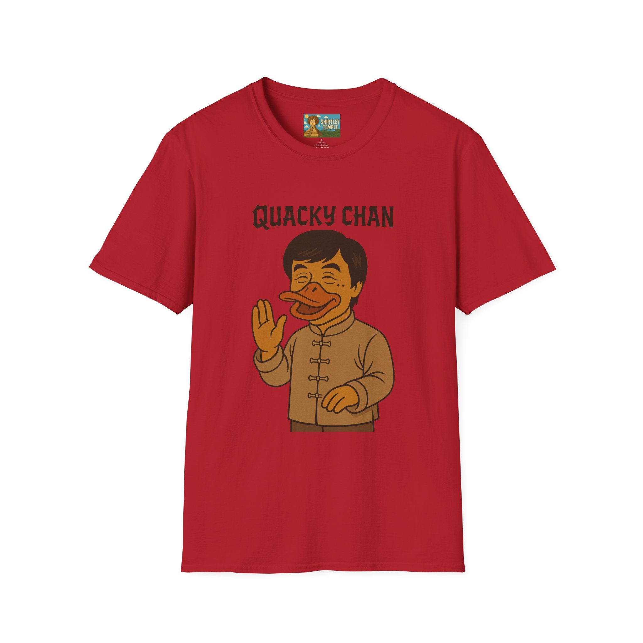 Quacky Chan Funny T-Shirt, Jackie Chan Duck Mashup Tee, Martial Arts Quack Movie Star Shirt, Comedy Parody Apparel, Unisex Softstyle Top