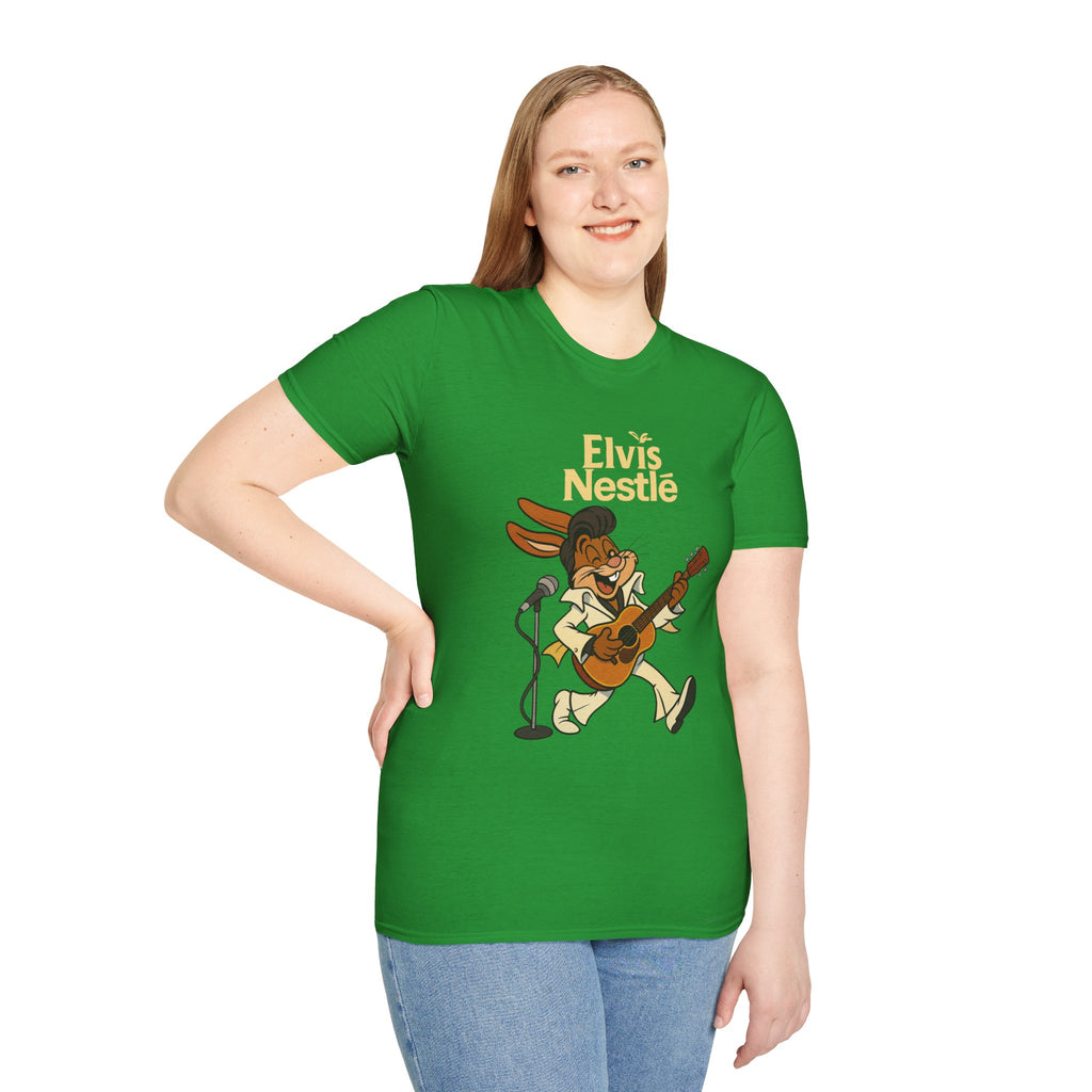 Elvis Nestle Mashup T-Shirt, Rock and Roll Rabbit Funny Tribute Tee, Musician Food Mascot Parody Shirt