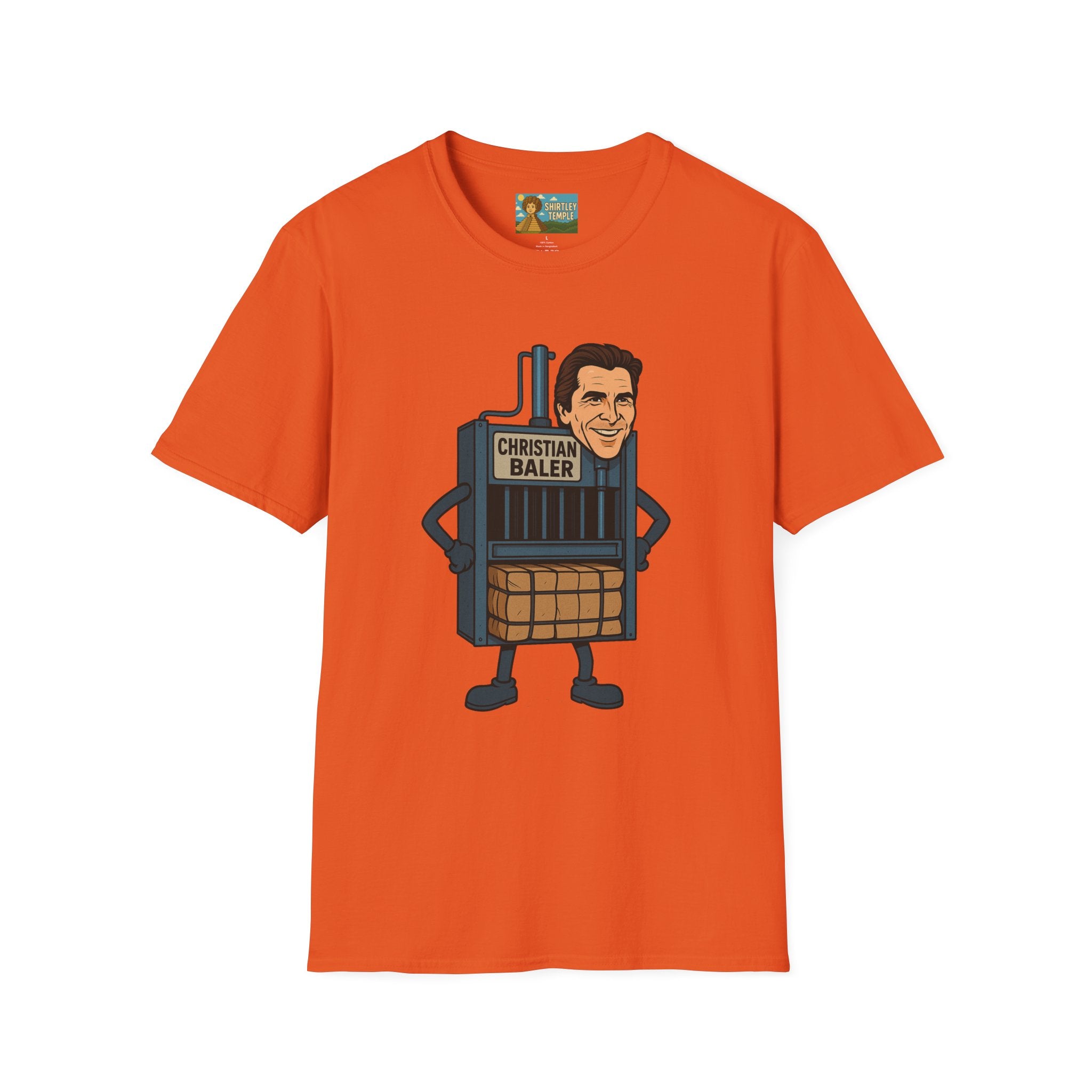 Christian Baler Funny Shirt, Parody Tee, Unisex Softstyle T-Shirt, Comedy Mashup Top, Christian Bale Cardboard Baler Machine, Gift for Movie
