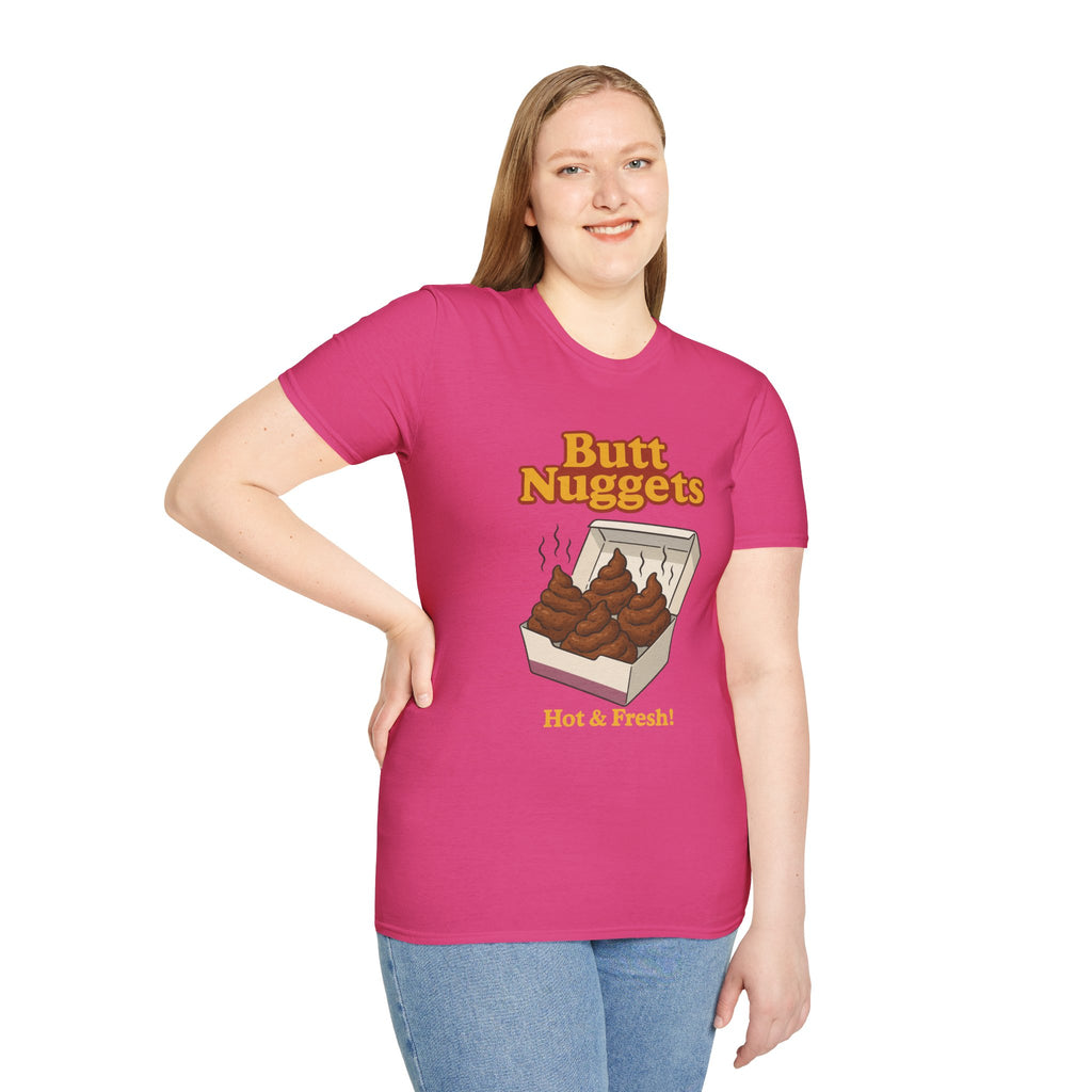 Butt Nuggets Funny Unisex Softstyle T-Shirt, Chicken Poop Pun Tee, Hilarious Wordplay Apparel, Comfy Graphic Shirt, Unisex Shirt for Joke