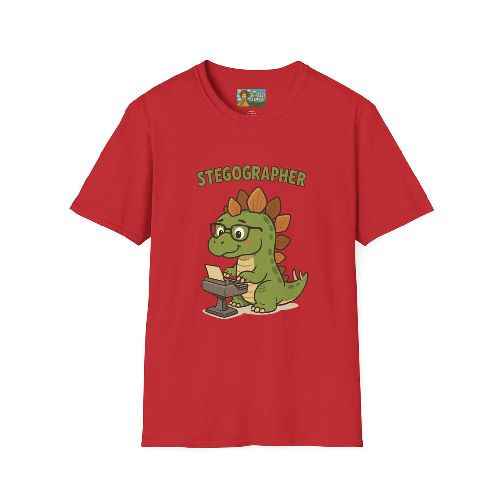 Stegographer Funny Stegosaurus Stenographer Mashup Softstyle Tee, Dino Wordplay Shirt, Unisex Tshirt Gift, Office tee for Dinosaur