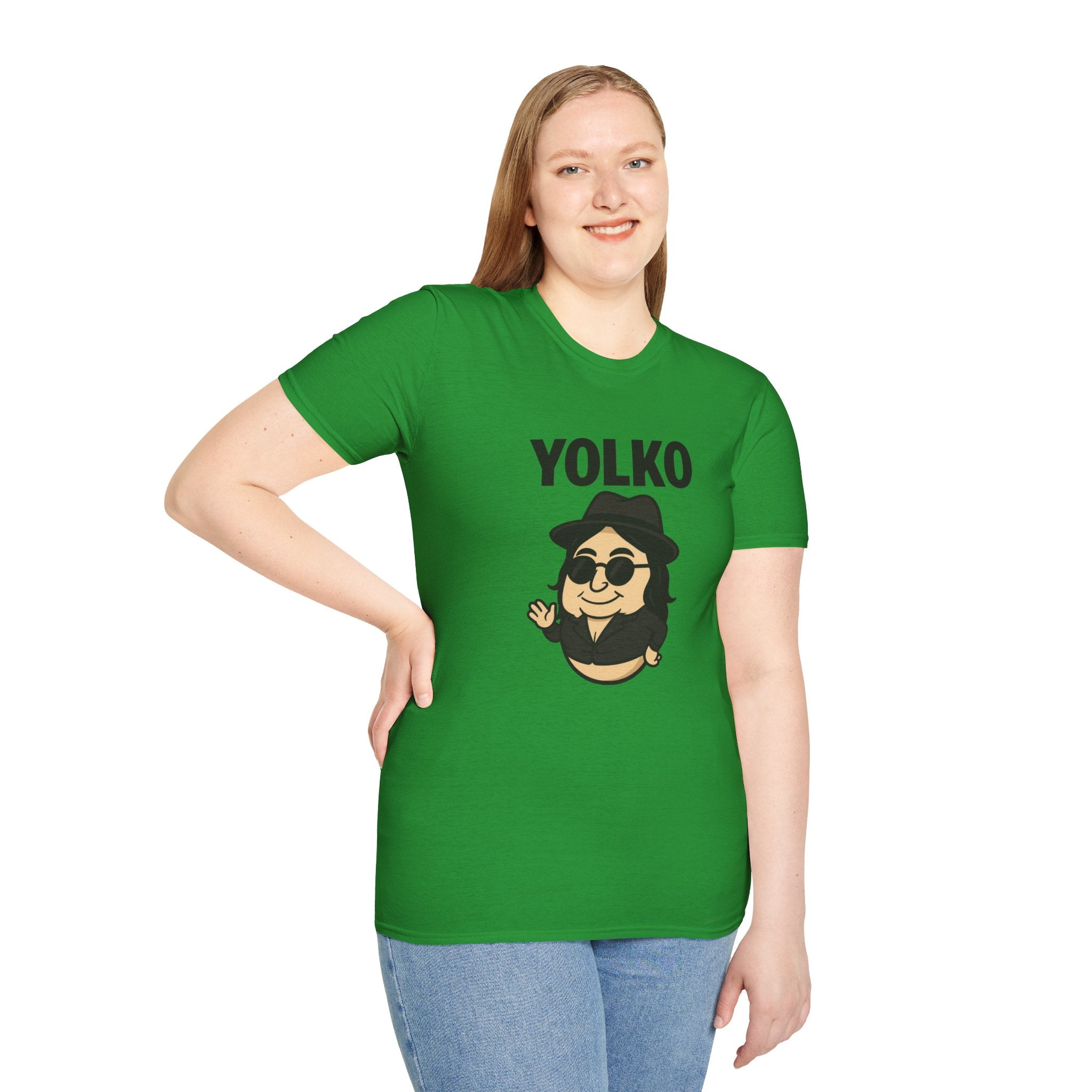 Yolko Funny Parody Unisex Softstyle T-Shirt, Egg Wordplay Tee, Humorous Yoko Tribute Shirt, Novelty Graphic Top, Comical Musician Fan Gift