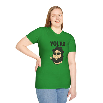 Yolko Funny Parody Unisex Softstyle T-Shirt, Egg Wordplay Tee, Humorous Yoko Tribute Shirt, Novelty Graphic Top, Comical Musician Fan Gift