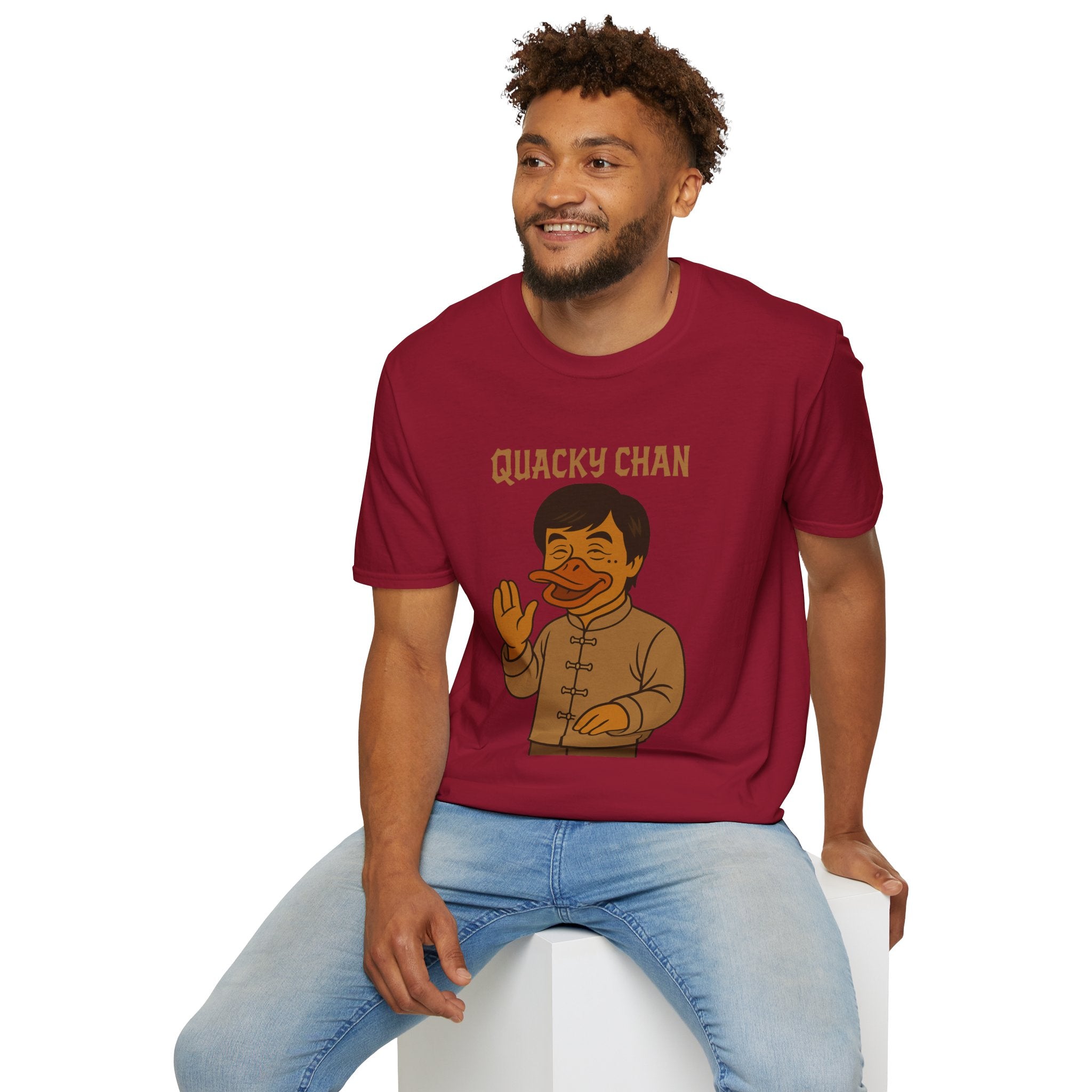 Quacky Chan Funny T-Shirt, Jackie Chan Duck Mashup Tee, Martial Arts Quack Movie Star Shirt, Comedy Parody Apparel, Unisex Softstyle Top