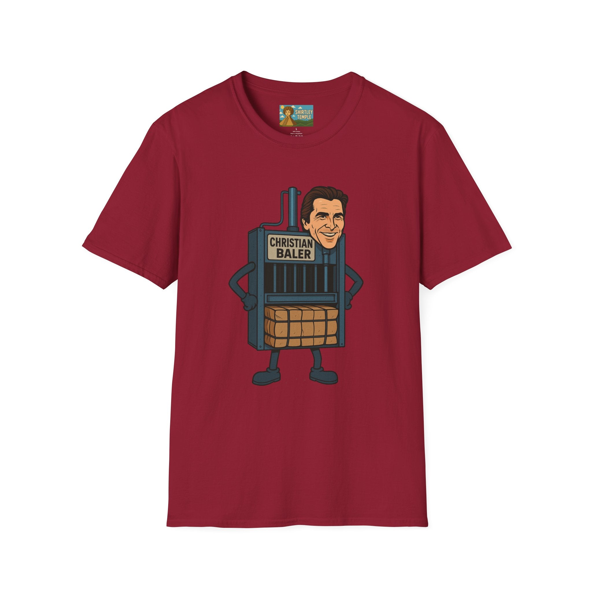 Christian Baler Funny Shirt, Parody Tee, Unisex Softstyle T-Shirt, Comedy Mashup Top, Christian Bale Cardboard Baler Machine, Gift for Movie