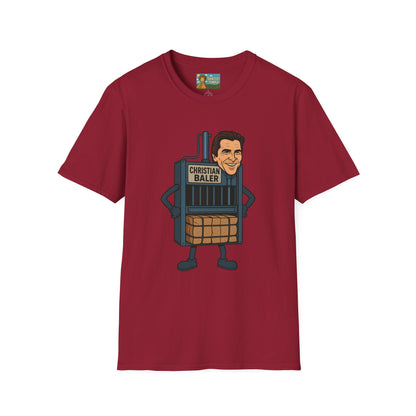 Christian Baler Funny Shirt, Parody Tee, Unisex Softstyle T-Shirt, Comedy Mashup Top, Christian Bale Cardboard Baler Machine, Gift for Movie