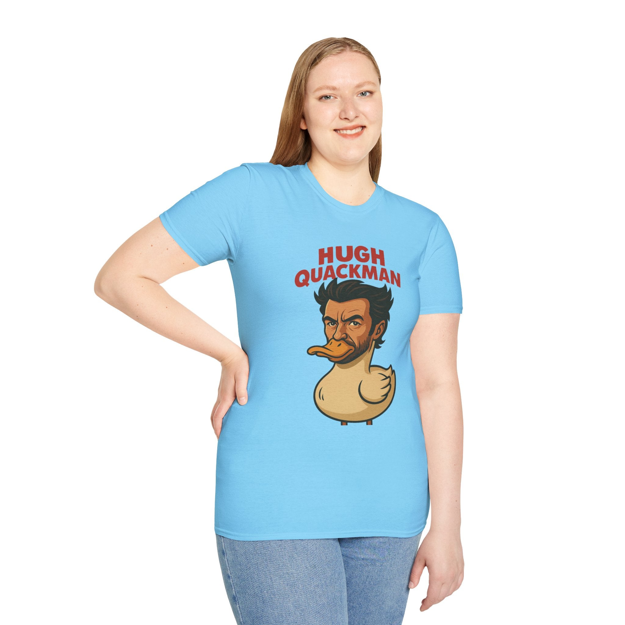 Hugh Quackman Funny Shirt, Parody Apparel, Hugh Jackman Duck Tee, Comedy Tribute, Wordplay Mashup, Unisex Softstyle T-Shirt
