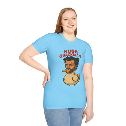 Hugh Quackman Funny Shirt, Parody Apparel, Hugh Jackman Duck Tee, Comedy Tribute, Wordplay Mashup, Unisex Softstyle T-Shirt