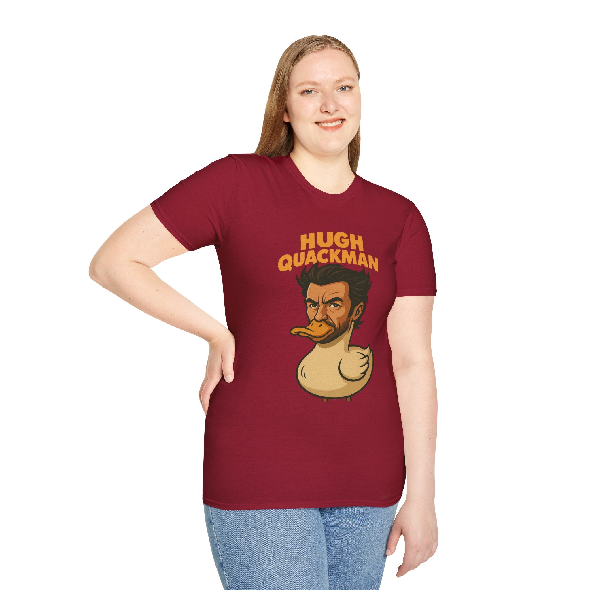 Hugh Quackman Funny Shirt, Parody Apparel, Hugh Jackman Duck Tee, Comedy Tribute, Wordplay Mashup, Unisex Softstyle T-Shirt