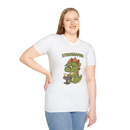 Stegographer Funny Stegosaurus Stenographer Mashup Softstyle Tee, Dino Wordplay Shirt, Unisex Tshirt Gift, Office tee for Dinosaur