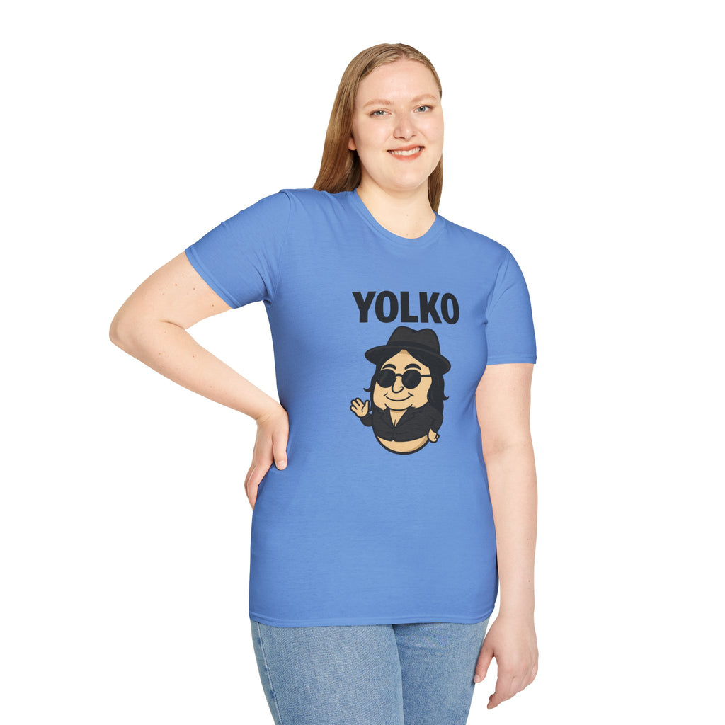 Yolko Funny Parody Unisex Softstyle T-Shirt, Egg Wordplay Tee, Humorous Yoko Tribute Shirt, Novelty Graphic Top, Comical Musician Fan Gift