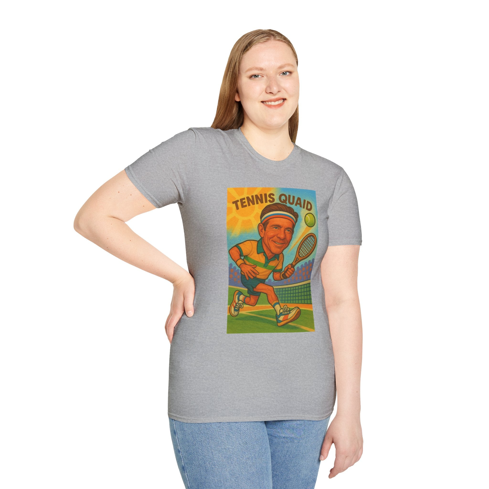 Tennis Quaid Unisex Softstyle T-Shirt, Tennis Player Actor Mashup Tee, Funny Graphic Shirt