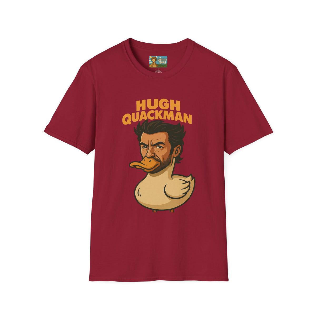 Hugh Quackman Funny Shirt, Parody Apparel, Hugh Jackman Duck Tee, Comedy Tribute, Wordplay Mashup, Unisex Softstyle T-Shirt