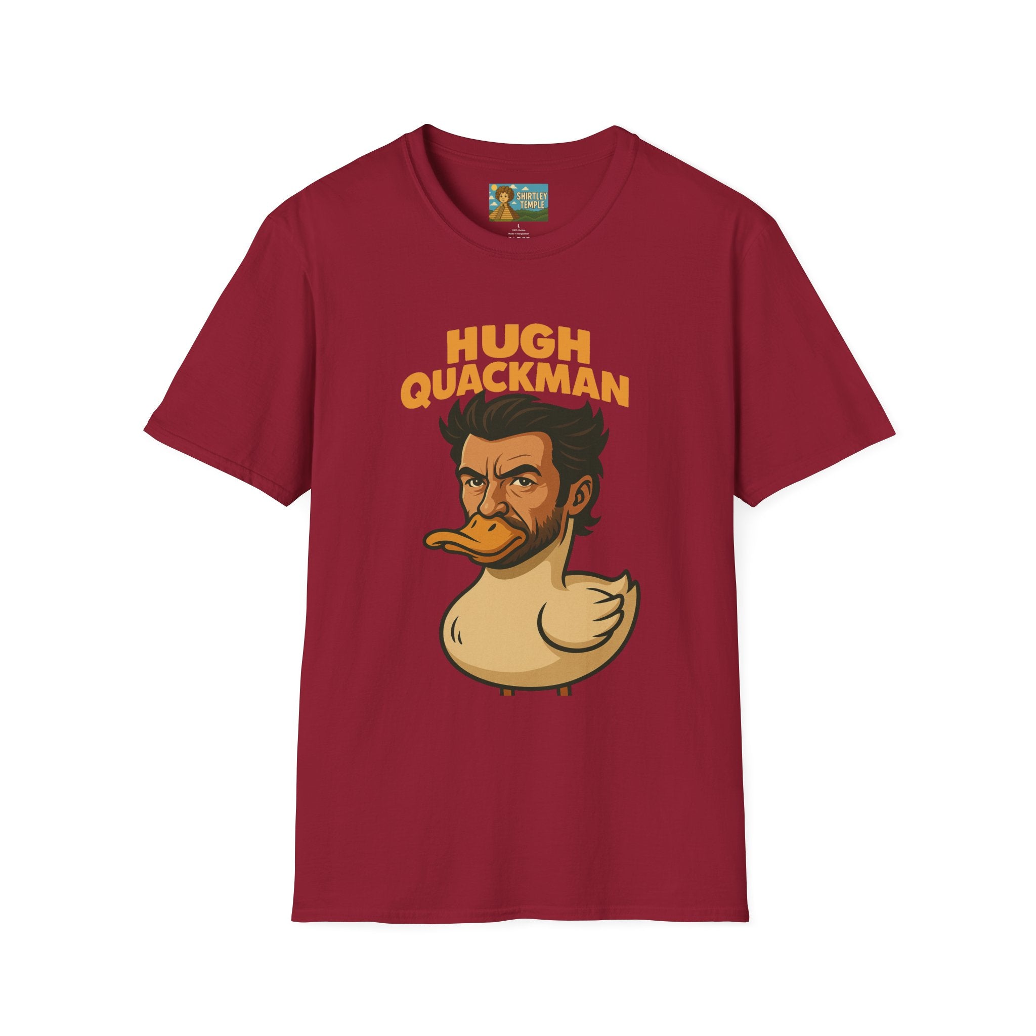 Hugh Quackman Funny Shirt, Parody Apparel, Hugh Jackman Duck Tee, Comedy Tribute, Wordplay Mashup, Unisex Softstyle T-Shirt