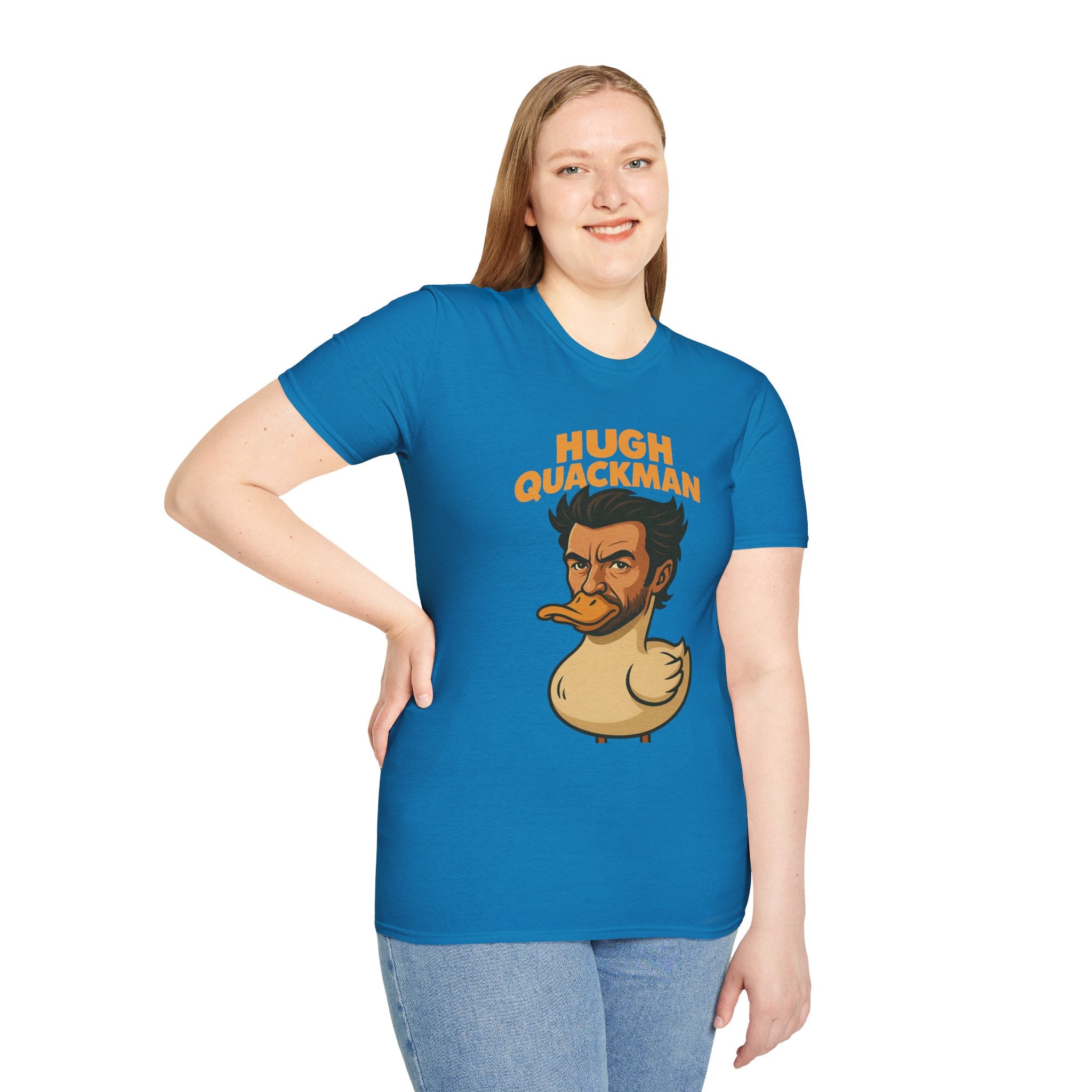 Hugh Quackman Funny Shirt, Parody Apparel, Hugh Jackman Duck Tee, Comedy Tribute, Wordplay Mashup, Unisex Softstyle T-Shirt