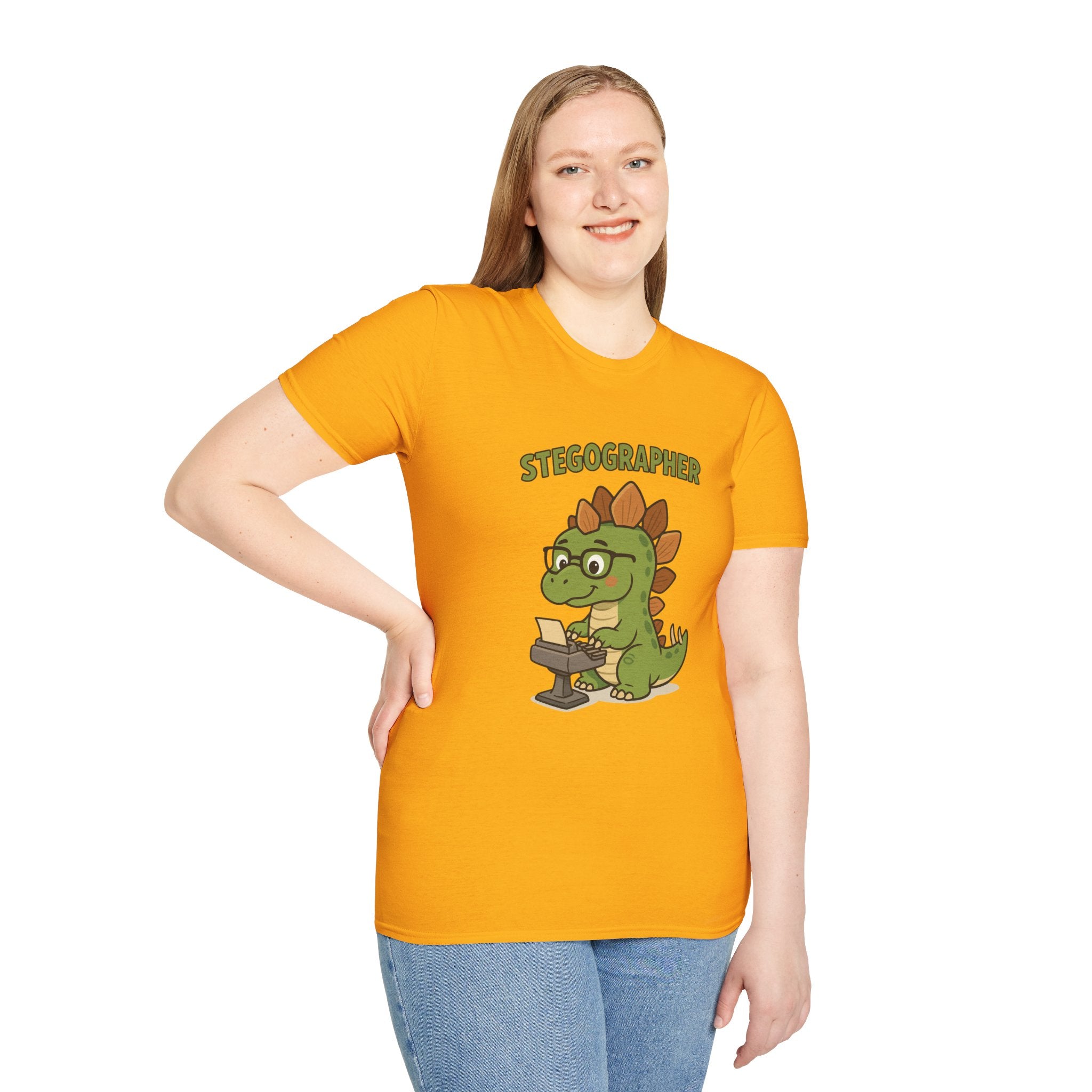 Stegographer Funny Stegosaurus Stenographer Mashup Softstyle Tee, Dino Wordplay Shirt, Unisex Tshirt Gift, Office tee for Dinosaur