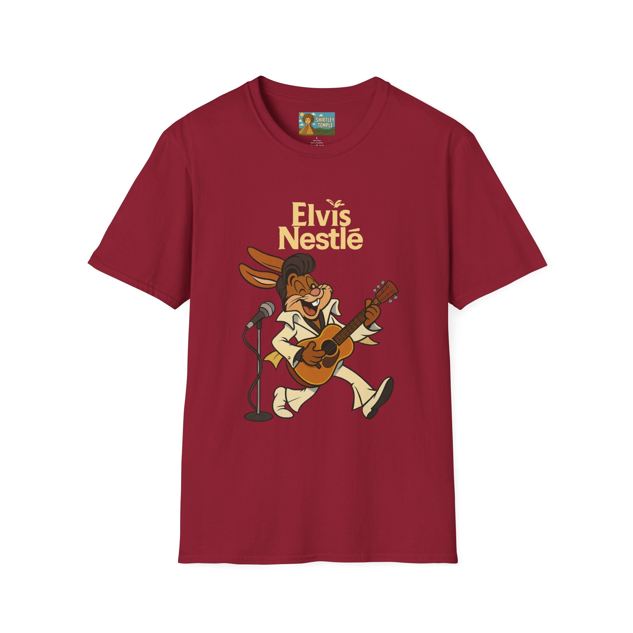 Elvis Nestle Mashup T-Shirt, Rock and Roll Rabbit Funny Tribute Tee, Musician Food Mascot Parody Shirt