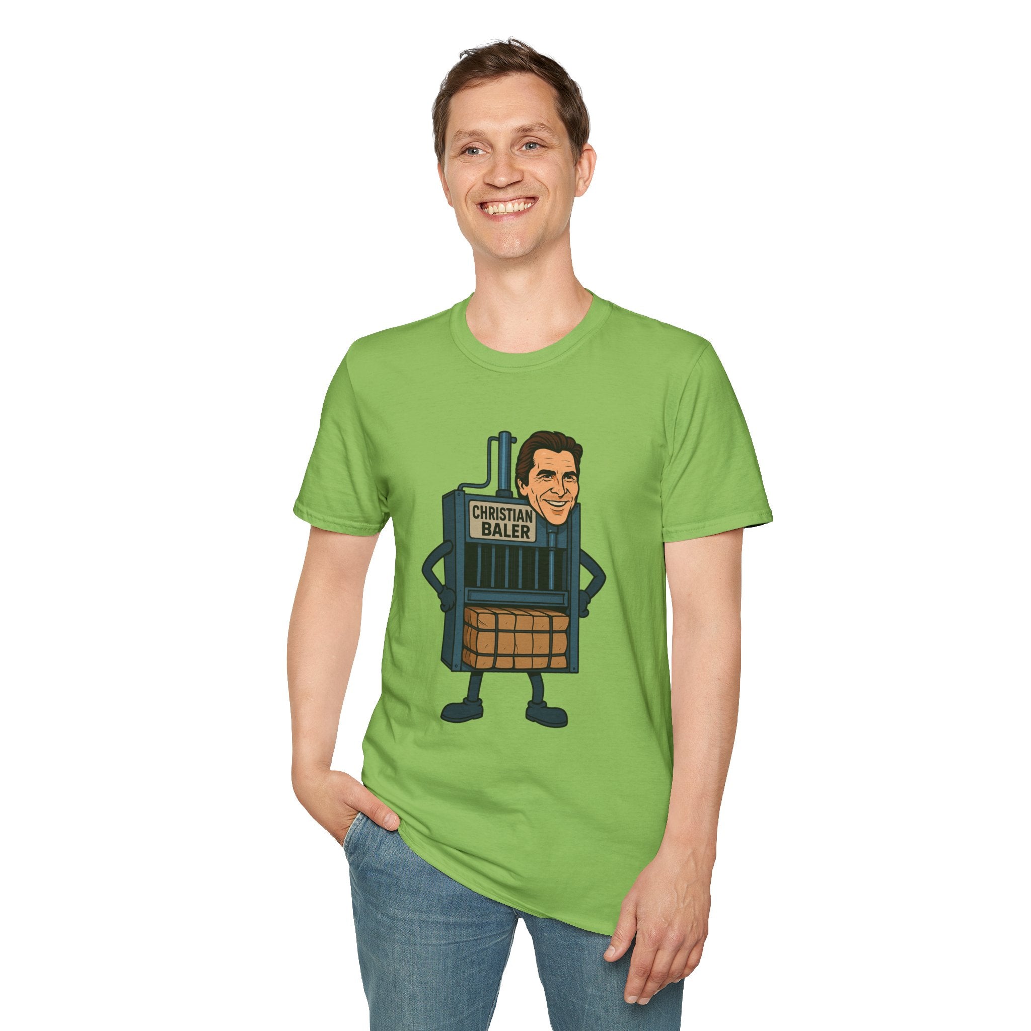 Christian Baler Funny Shirt, Parody Tee, Unisex Softstyle T-Shirt, Comedy Mashup Top, Christian Bale Cardboard Baler Machine, Gift for Movie