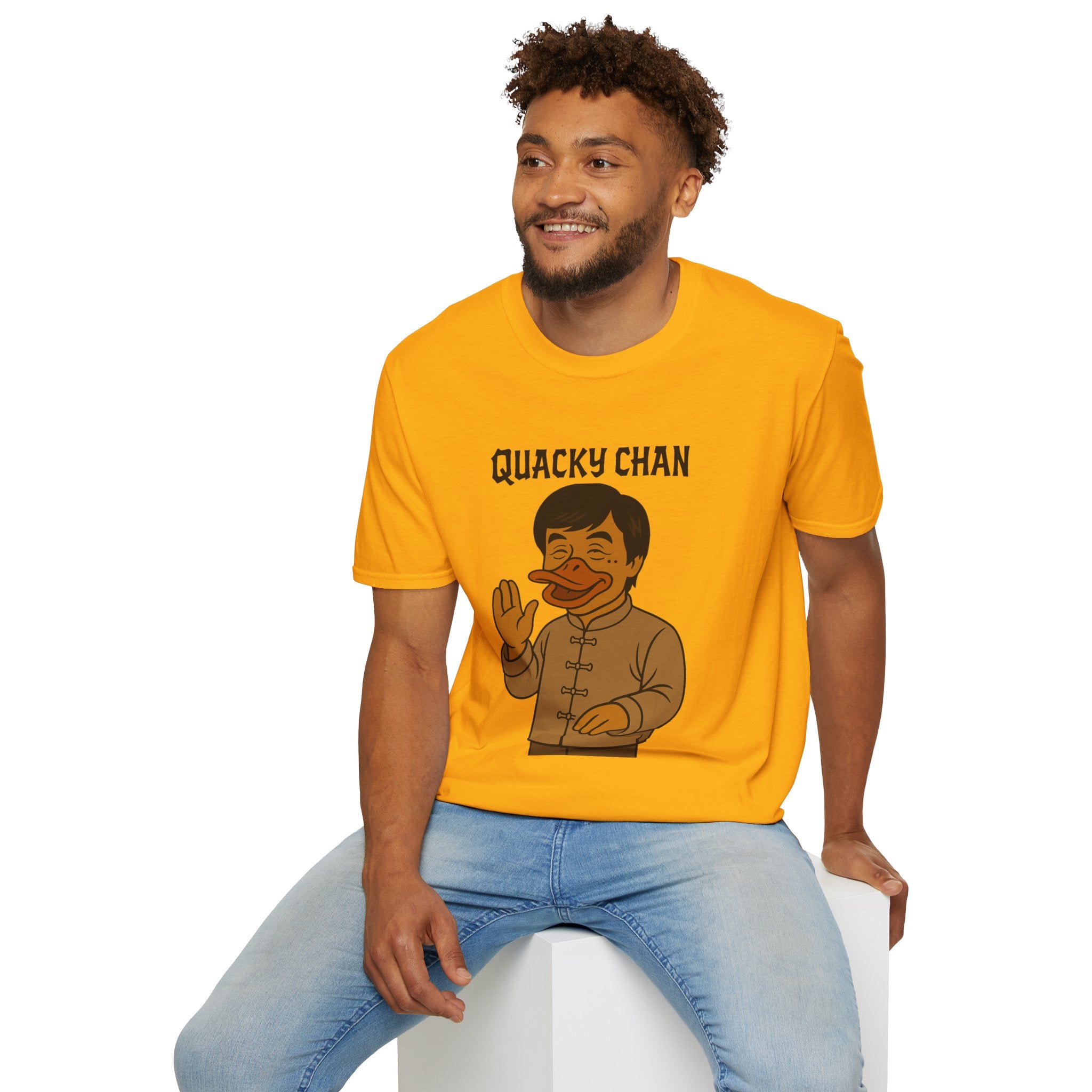 Quacky Chan Funny T-Shirt, Jackie Chan Duck Mashup Tee, Martial Arts Quack Movie Star Shirt, Comedy Parody Apparel, Unisex Softstyle Top