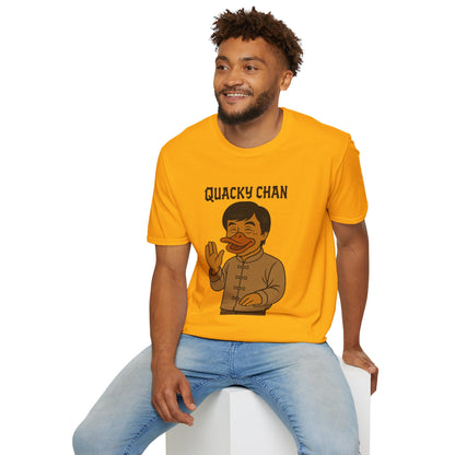 Quacky Chan Funny T-Shirt, Jackie Chan Duck Mashup Tee, Martial Arts Quack Movie Star Shirt, Comedy Parody Apparel, Unisex Softstyle Top
