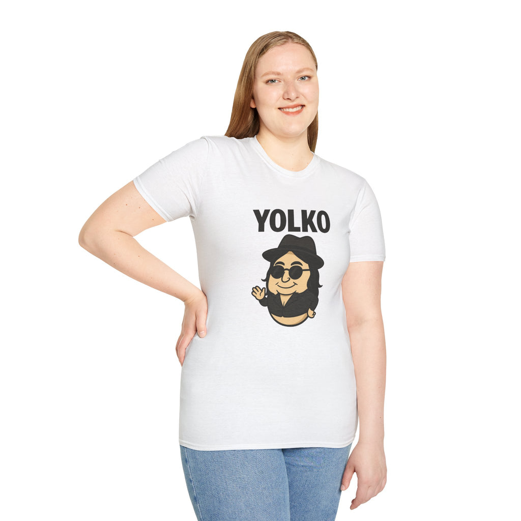 Yolko Funny Parody Unisex Softstyle T-Shirt, Egg Wordplay Tee, Humorous Yoko Tribute Shirt, Novelty Graphic Top, Comical Musician Fan Gift