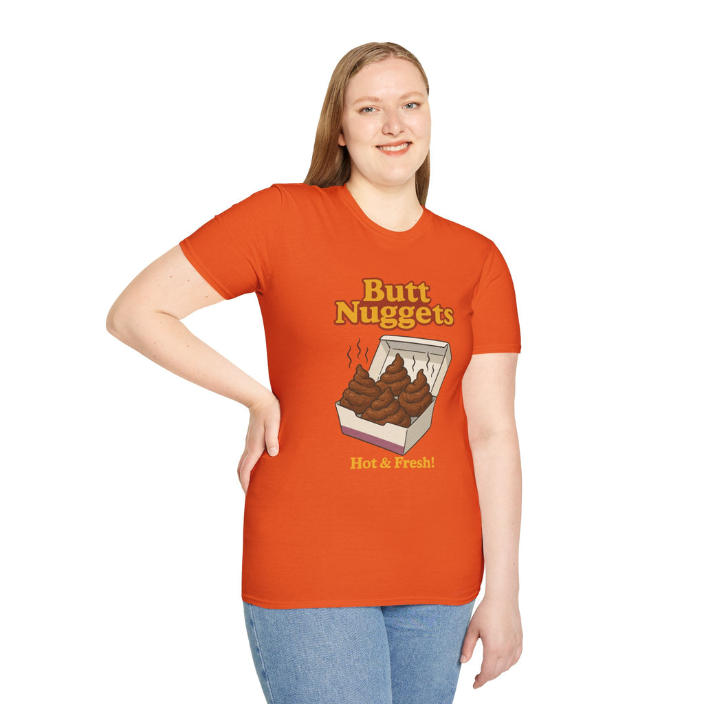 Butt Nuggets Funny Unisex Softstyle T-Shirt, Chicken Poop Pun Tee, Hilarious Wordplay Apparel, Comfy Graphic Shirt, Unisex Shirt for Joke