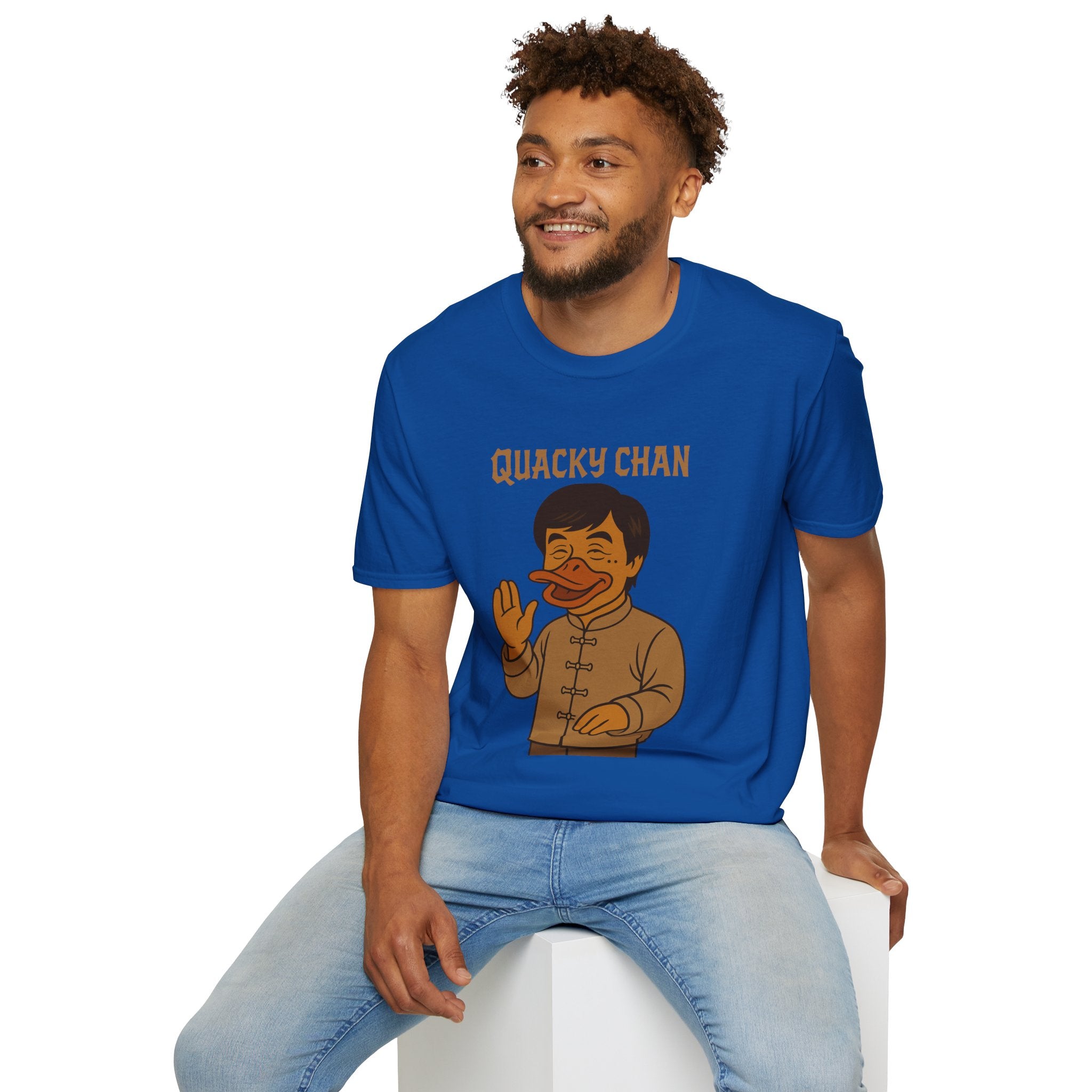 Quacky Chan Funny T-Shirt, Jackie Chan Duck Mashup Tee, Martial Arts Quack Movie Star Shirt, Comedy Parody Apparel, Unisex Softstyle Top