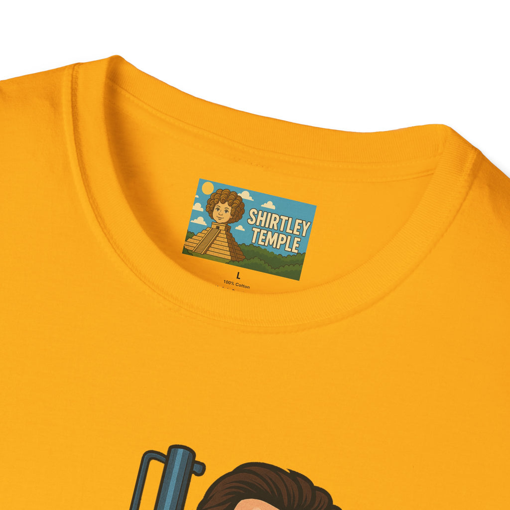 Christian Baler Funny Shirt, Parody Tee, Unisex Softstyle T-Shirt, Comedy Mashup Top, Christian Bale Cardboard Baler Machine, Gift for Movie