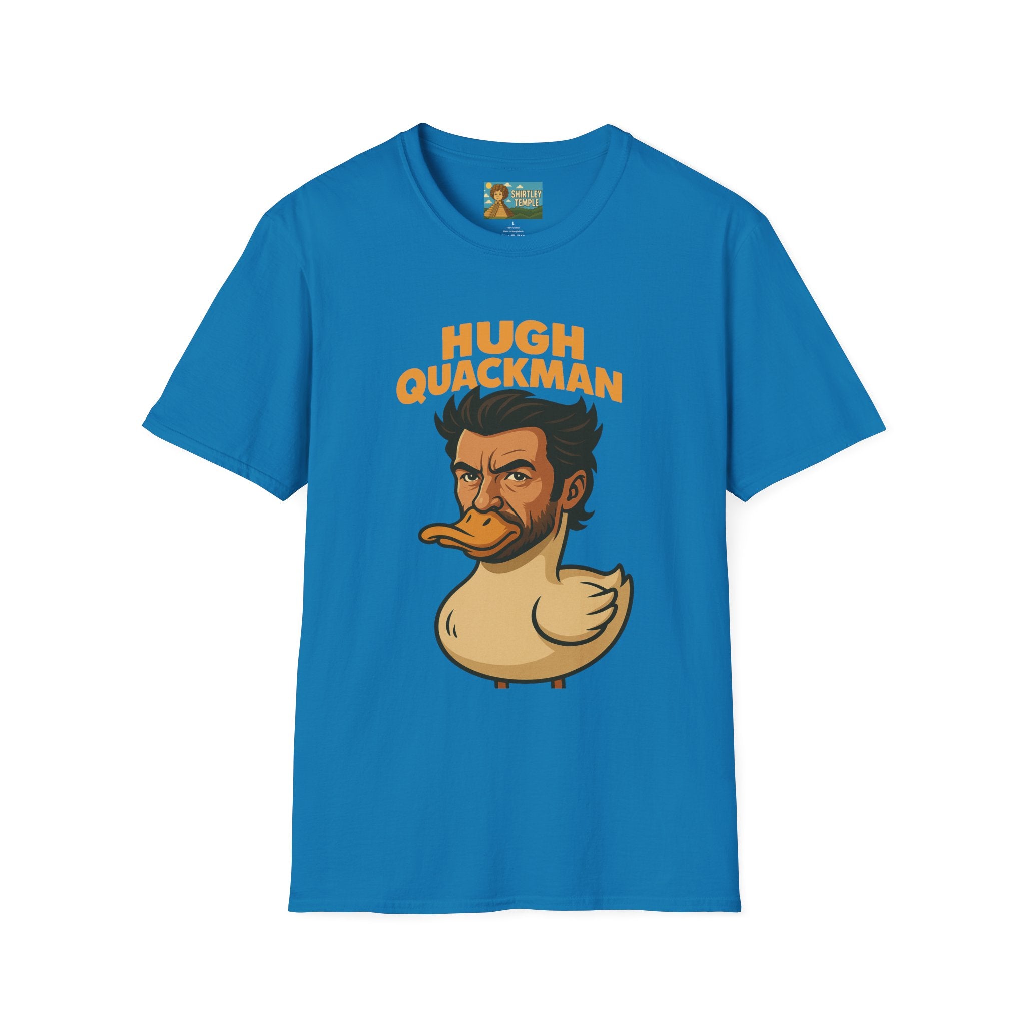 Hugh Quackman Funny Shirt, Parody Apparel, Hugh Jackman Duck Tee, Comedy Tribute, Wordplay Mashup, Unisex Softstyle T-Shirt
