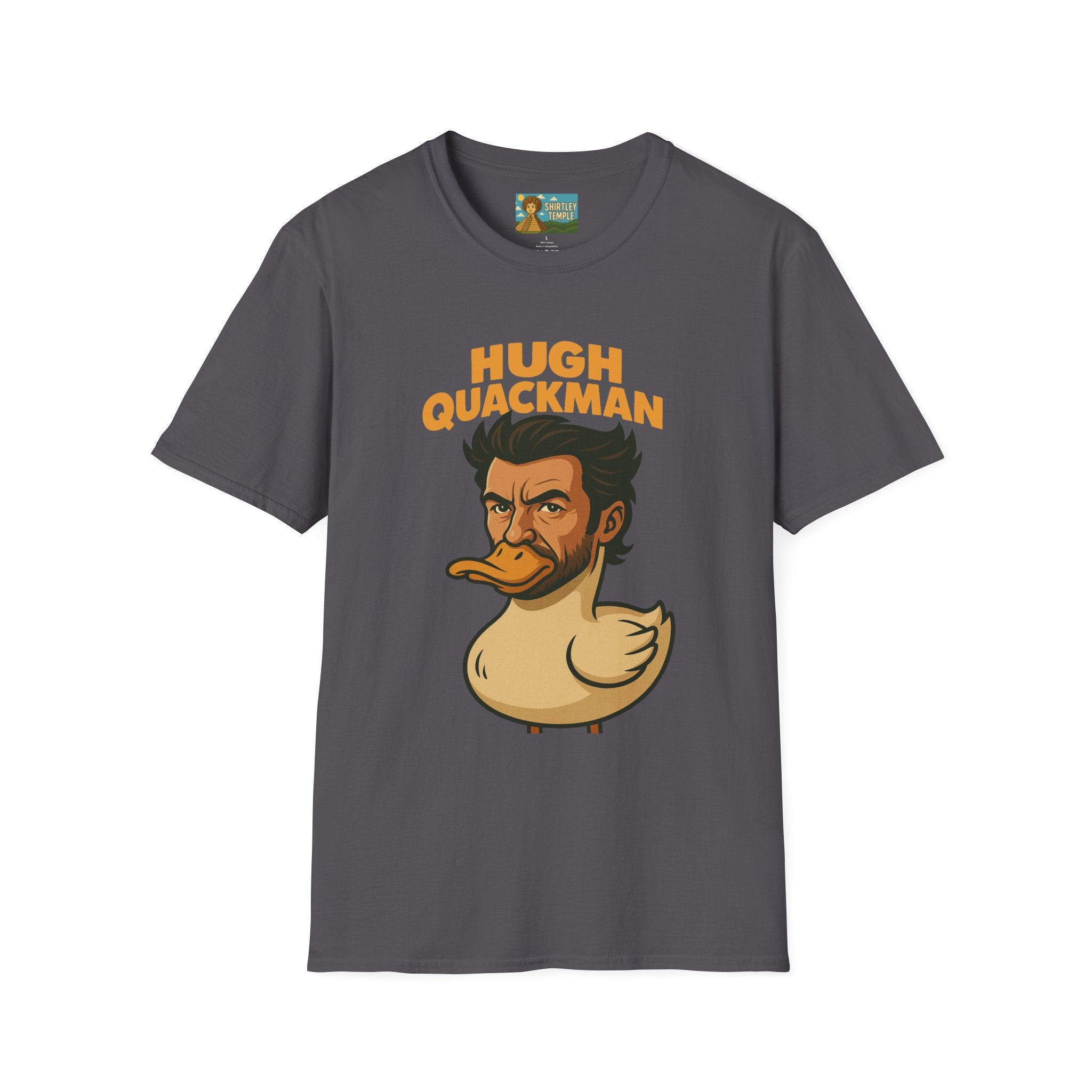 Hugh Quackman Funny Shirt, Parody Apparel, Hugh Jackman Duck Tee, Comedy Tribute, Wordplay Mashup, Unisex Softstyle T-Shirt