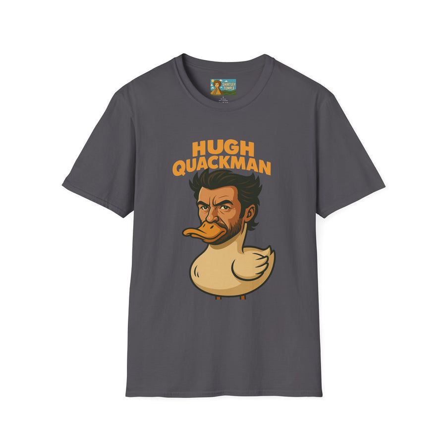 Hugh Quackman Funny Shirt, Parody Apparel, Hugh Jackman Duck Tee, Comedy Tribute, Wordplay Mashup, Unisex Softstyle T-Shirt