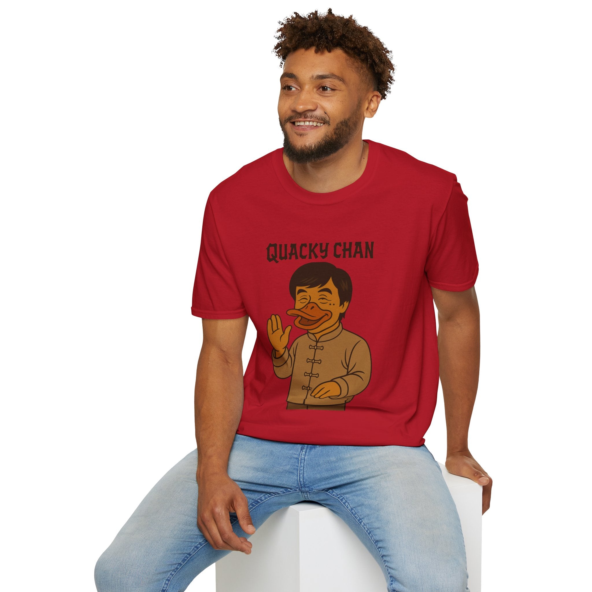 Quacky Chan Funny T-Shirt, Jackie Chan Duck Mashup Tee, Martial Arts Quack Movie Star Shirt, Comedy Parody Apparel, Unisex Softstyle Top