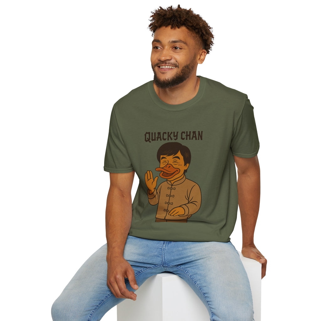 Quacky Chan Funny T-Shirt, Jackie Chan Duck Mashup Tee, Martial Arts Quack Movie Star Shirt, Comedy Parody Apparel, Unisex Softstyle Top