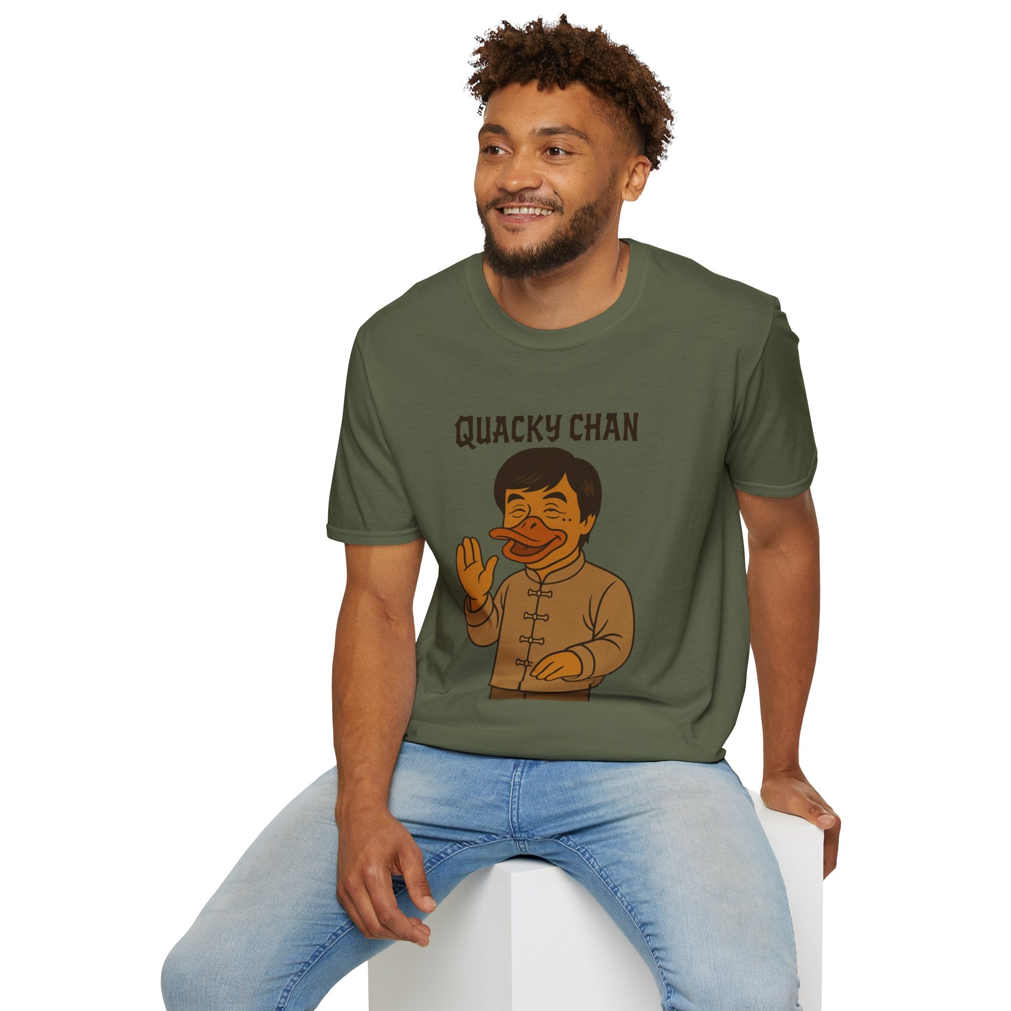 Quacky Chan Funny T-Shirt, Jackie Chan Duck Mashup Tee, Martial Arts Quack Movie Star Shirt, Comedy Parody Apparel, Unisex Softstyle Top
